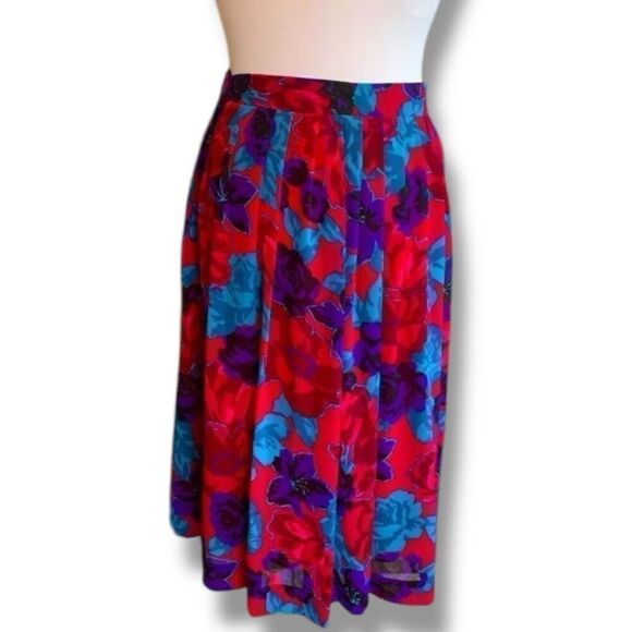 Vintage 80s Midi Skirt Pleated Fuchsia Pink Multicolor Floral High Waisted Small - Picture 1 of 10